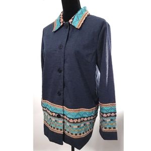 Denim & Co. Aztec Torquoise & Coral Embroidered Full Button Shacket Jacket Sz M